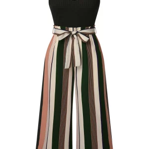 Black Striped Knit Belted Jumpsuit