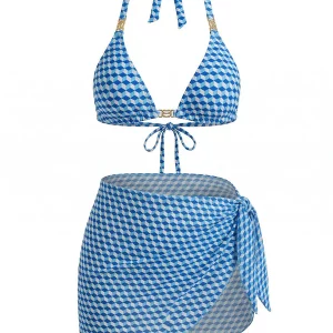 Blue Geometric Halter Bikini Set with Cover-Up
