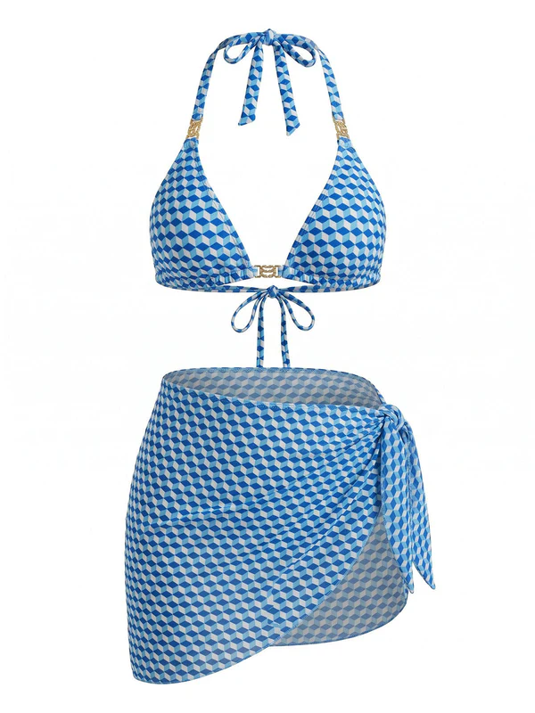 Blue Geometric Halter Bikini Set with Cover-Up