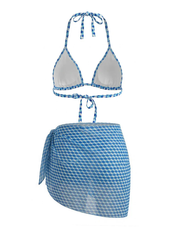 Blue Geometric Halter Bikini Set with Cover-Up - Image 4