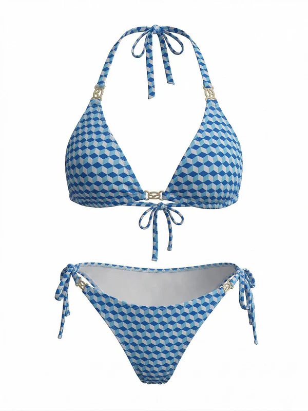Blue Geometric Halter Bikini Set with Cover-Up - Image 3