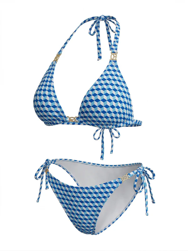 Blue Geometric Halter Bikini Set with Cover-Up - Image 2