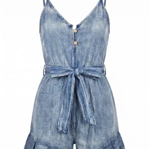Denim Buttoned Tie-Waist Ruffle Romper