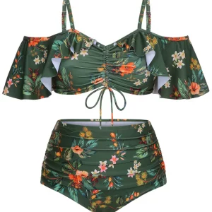 Green Floral Drawstring Swimsuit Set