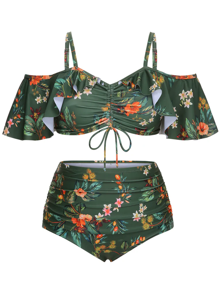 Green Floral Drawstring Swimsuit Set