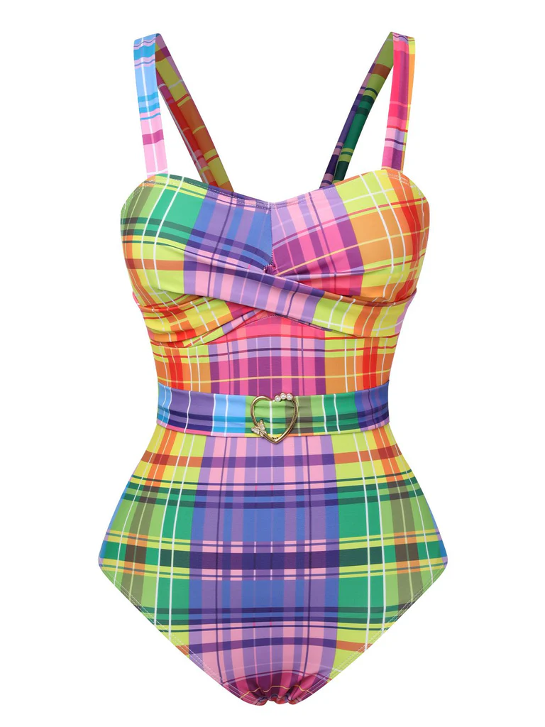 Rainbow Plaid Bow Swimsuit