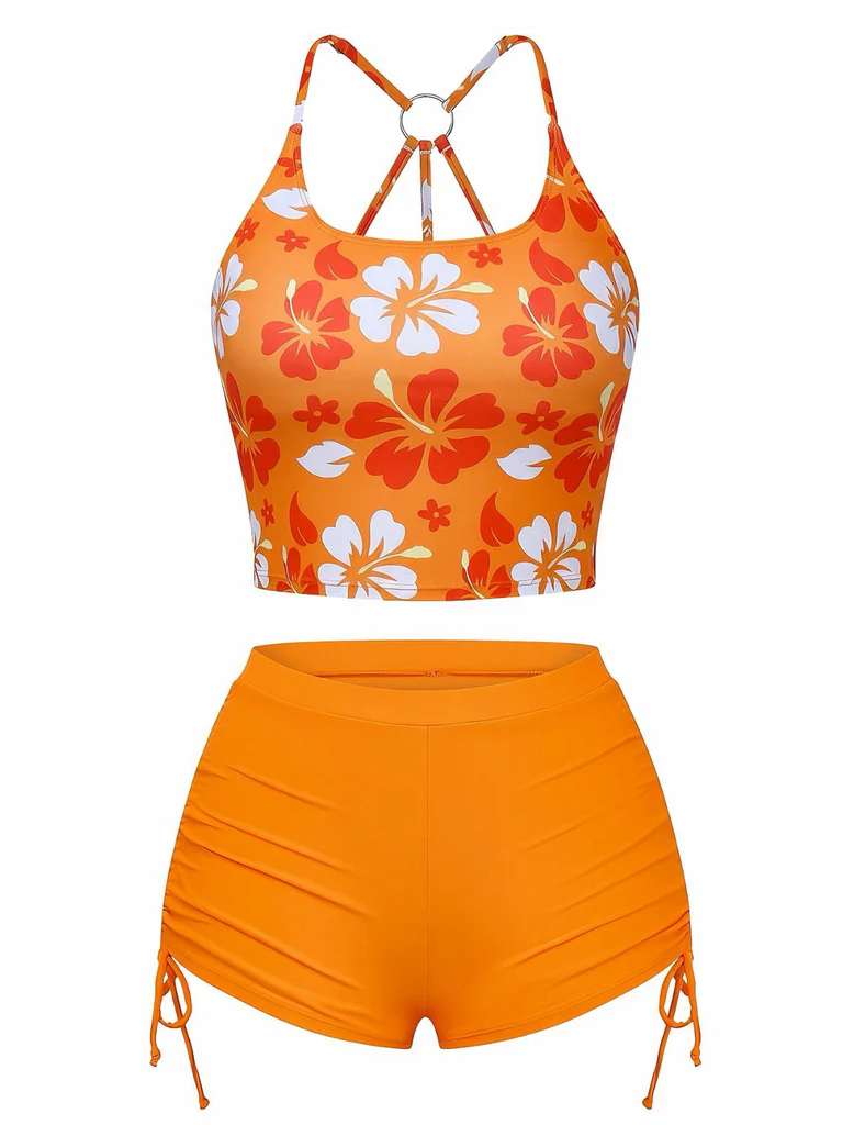 Orange Floral Backless Bikini Set
