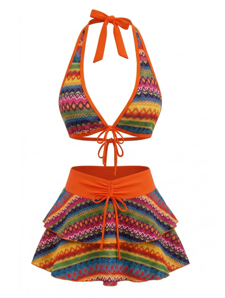 Orange Boho Bikini Set with Cover-Up