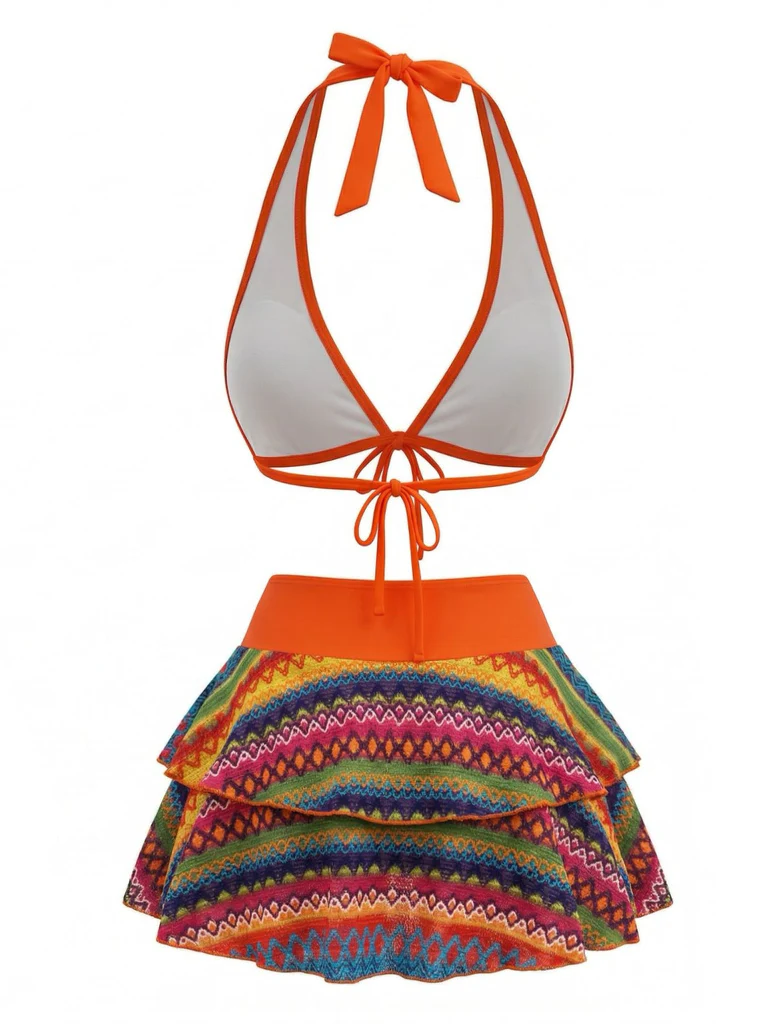 Orange Boho Bikini Set with Cover-Up - Image 4