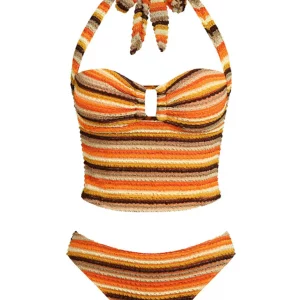 Orange Knit Striped Halter Swimsuit