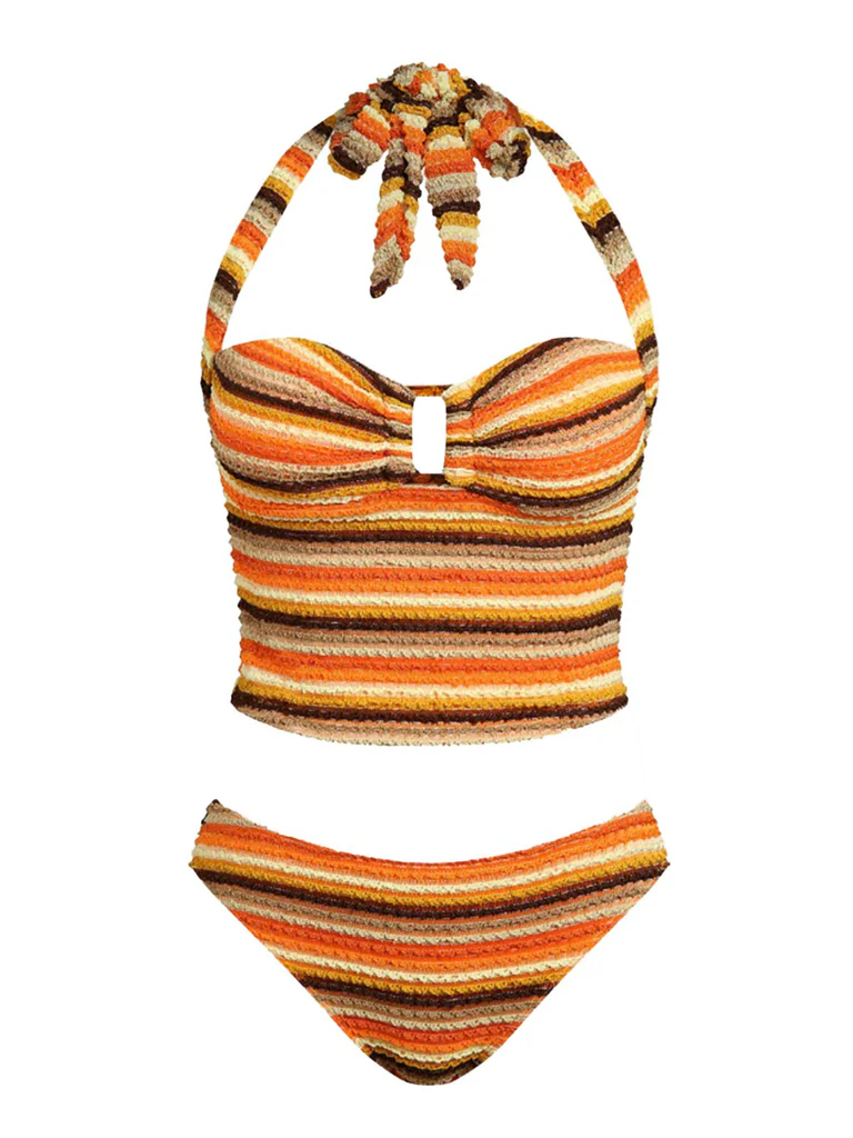 Orange Knit Striped Halter Swimsuit