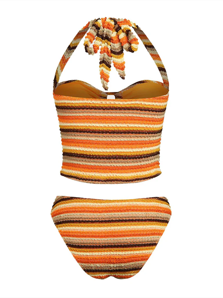 Orange Knit Striped Halter Swimsuit - Image 3