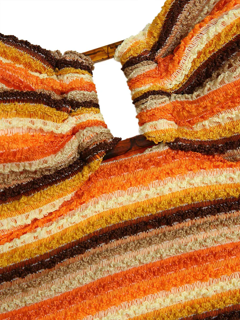 Orange Knit Striped Halter Swimsuit - Image 2