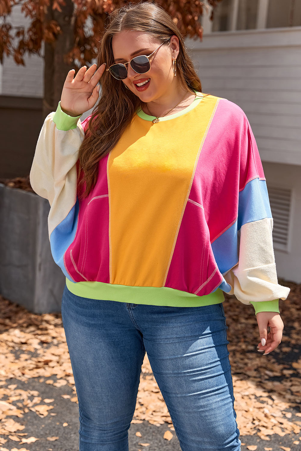 Rose Red Plus Size Colorblock Patchwork Exposed Seam Sweatshirt - Image 6