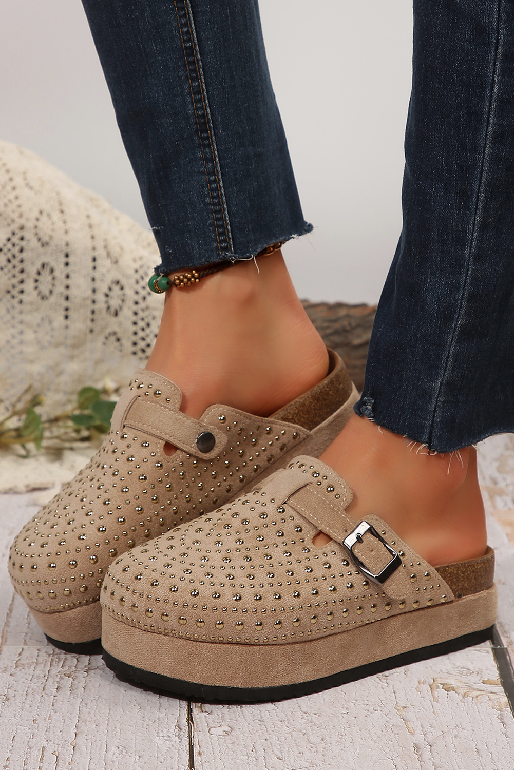 Parchment Rivet Buckle Closed Toe Platform Slippers - Image 6