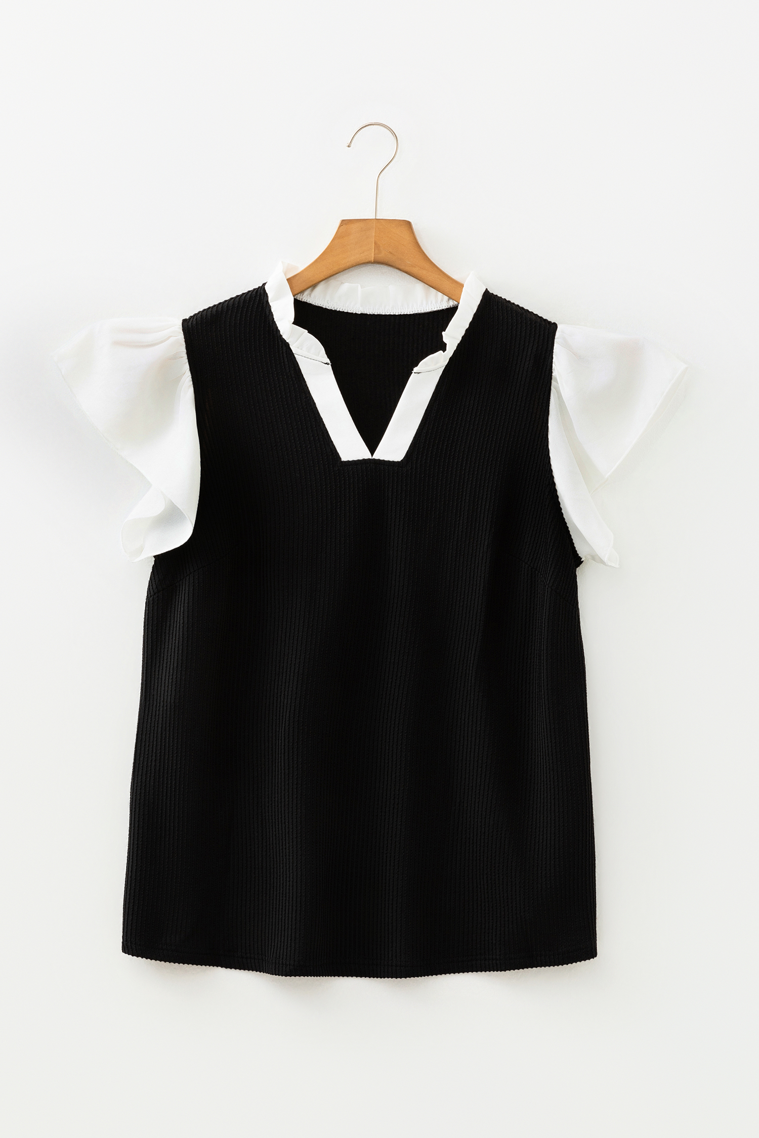 Fushia Plus Size Contrast Frilled Neckline Ruffled Short Sleeve Ribbed Textured Blouse - Image 6