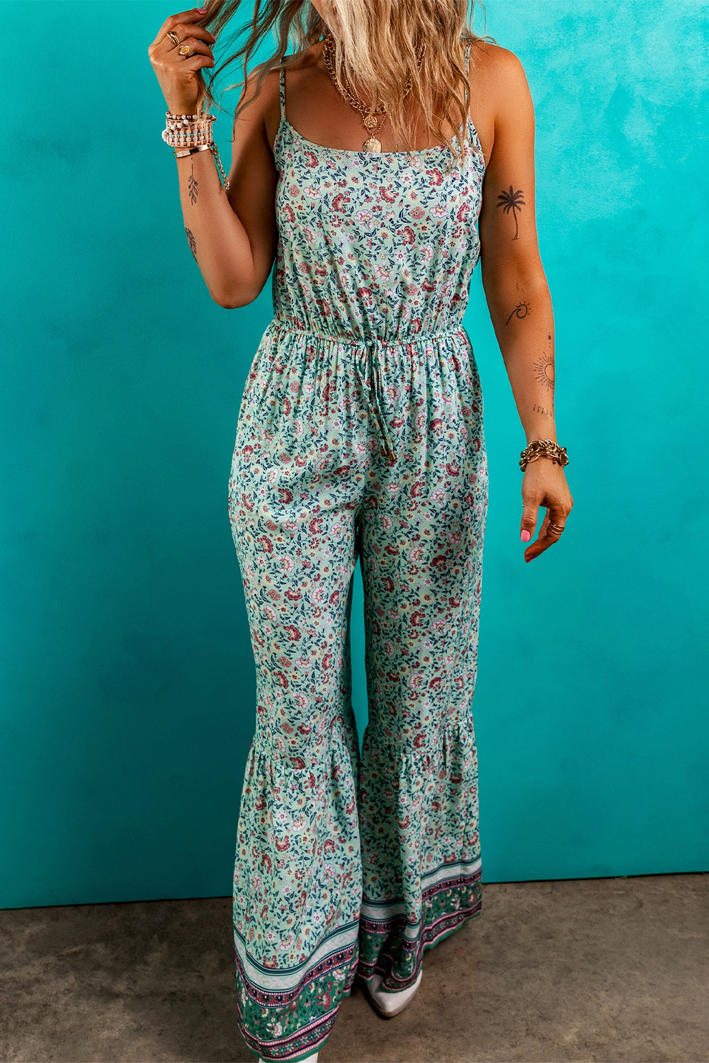 Green Bohemian Floral Ruffle Bottom Spaghetti Strap Jumpsuit - Image 3