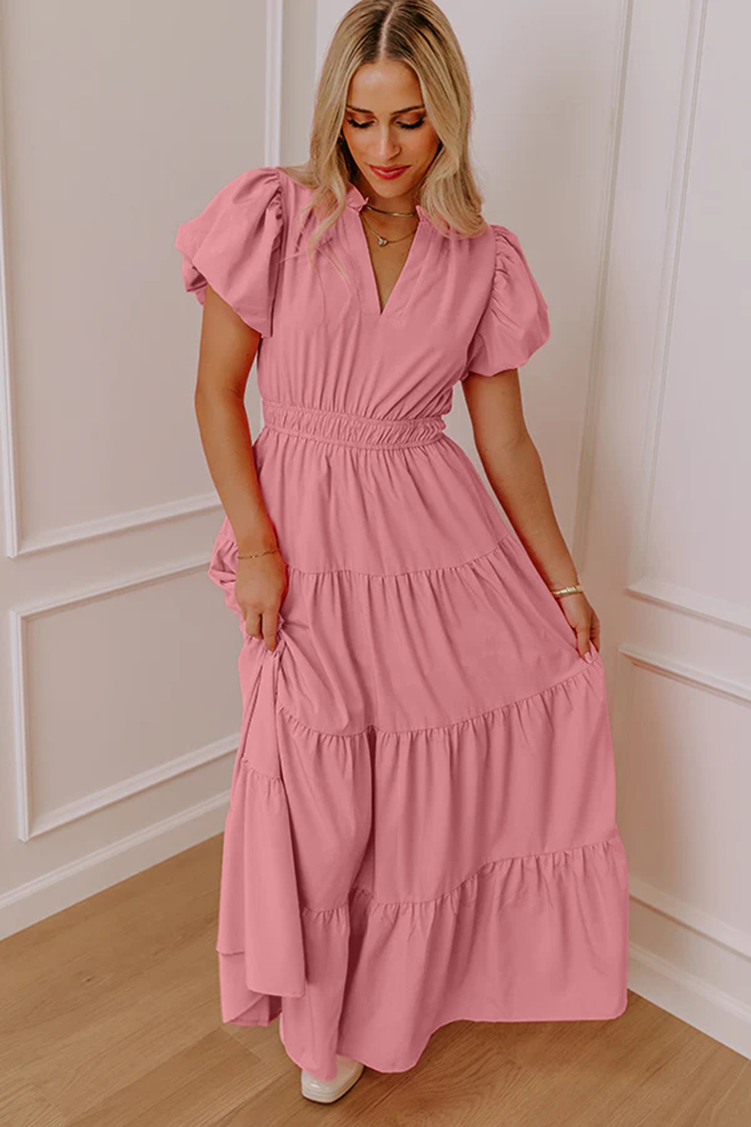Gossamer Pink Solid Color V Neck Short Puff Sleeve High Waist Tiered Maxi Dress - Image 3