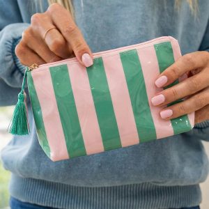 Dark Green Striped Vinyl Waterproof Tassel Zipper Makeup Bag
