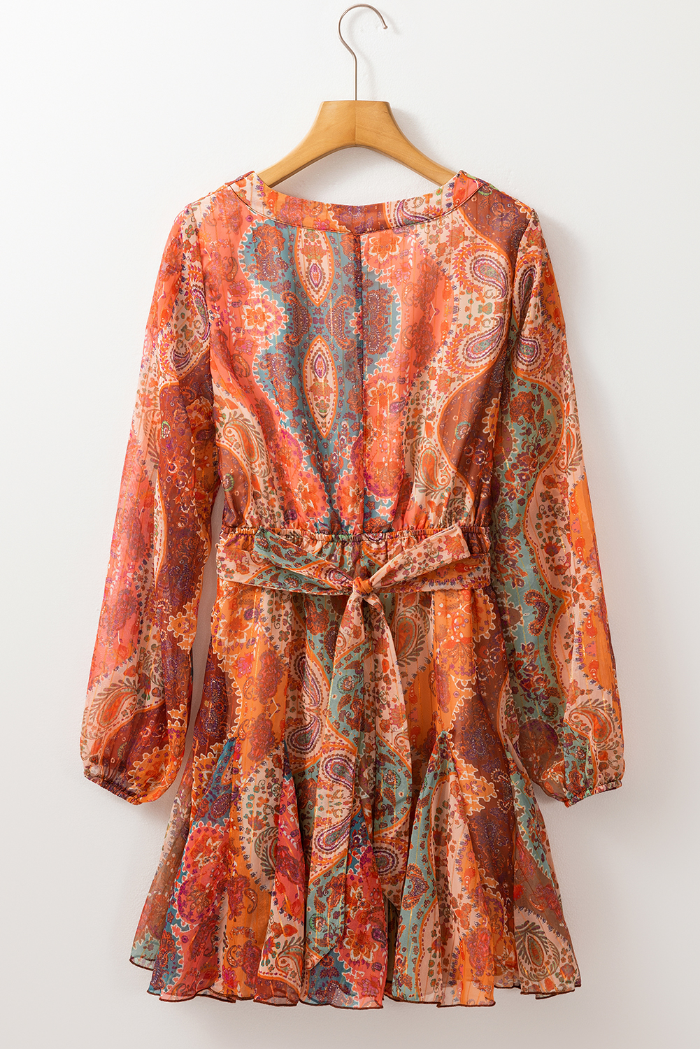 Orange Boho Paisley Print Long Sleeve Pleated Belted Mini Dress - Image 8