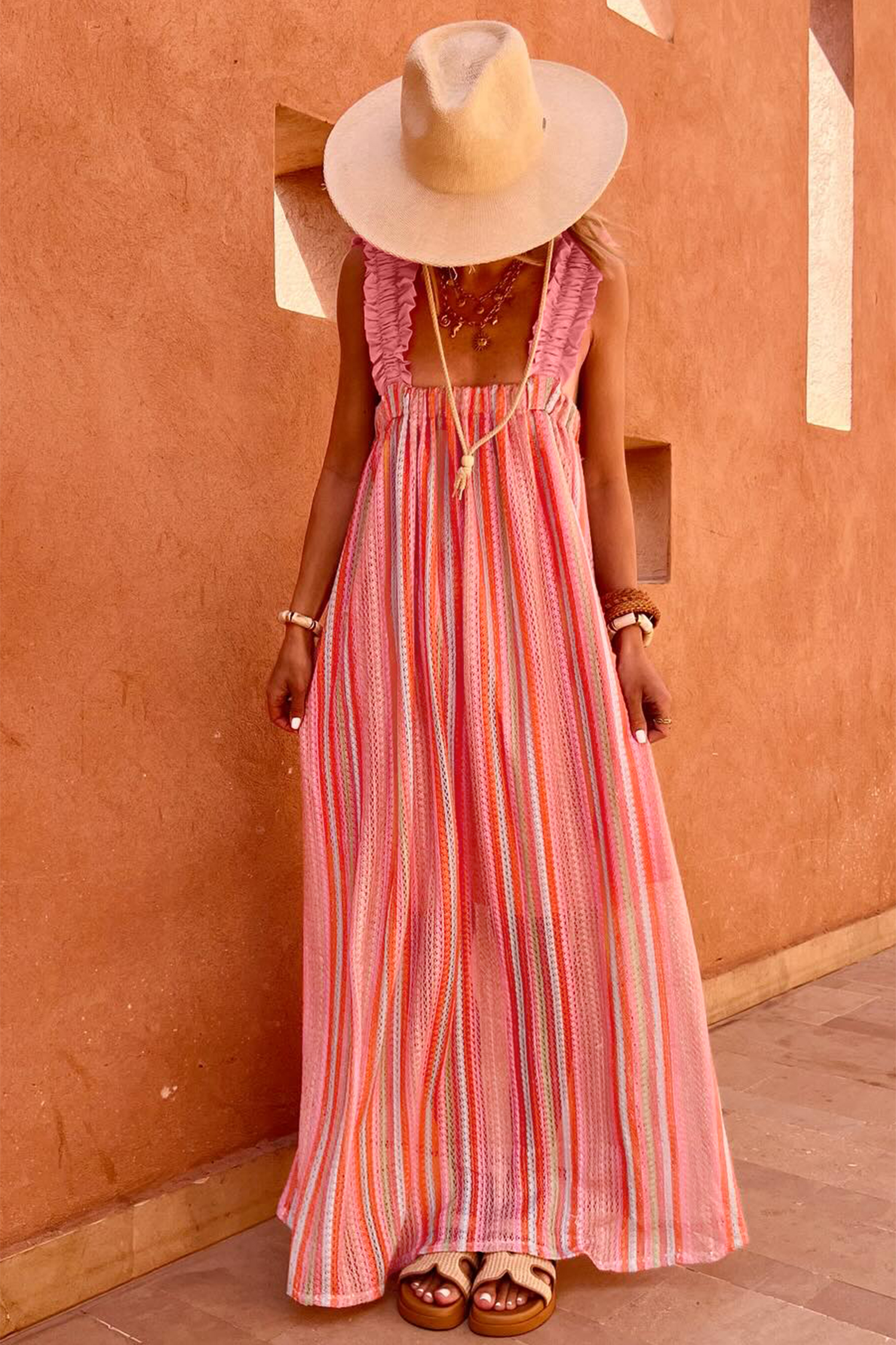 Pink Stripe Ruffled Straps Ribbon Knot Flowy Vacation Maxi Dress - Image 5