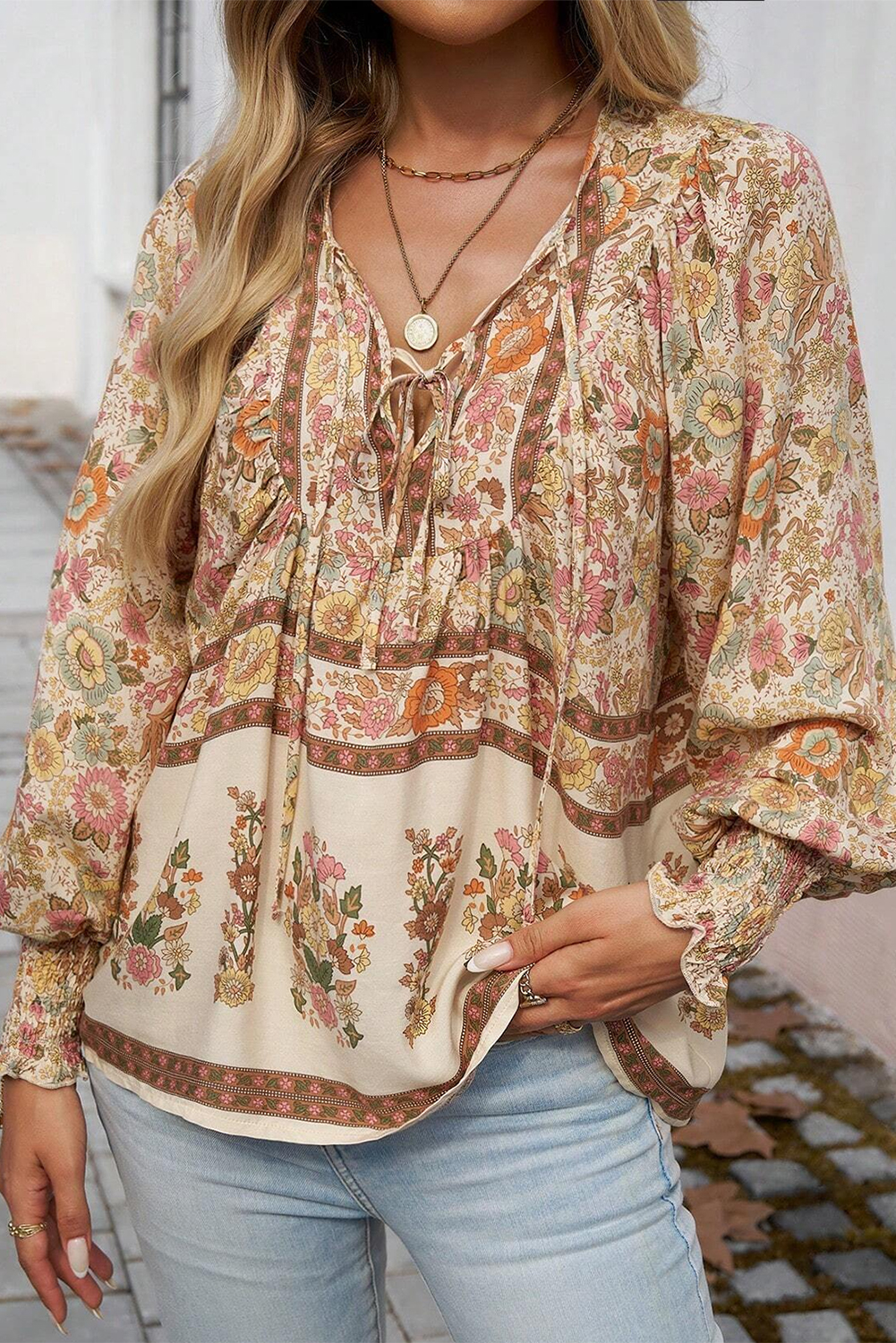 Yellow Floral Print Tie Neck Lantern Sleeve Blouse - Image 3