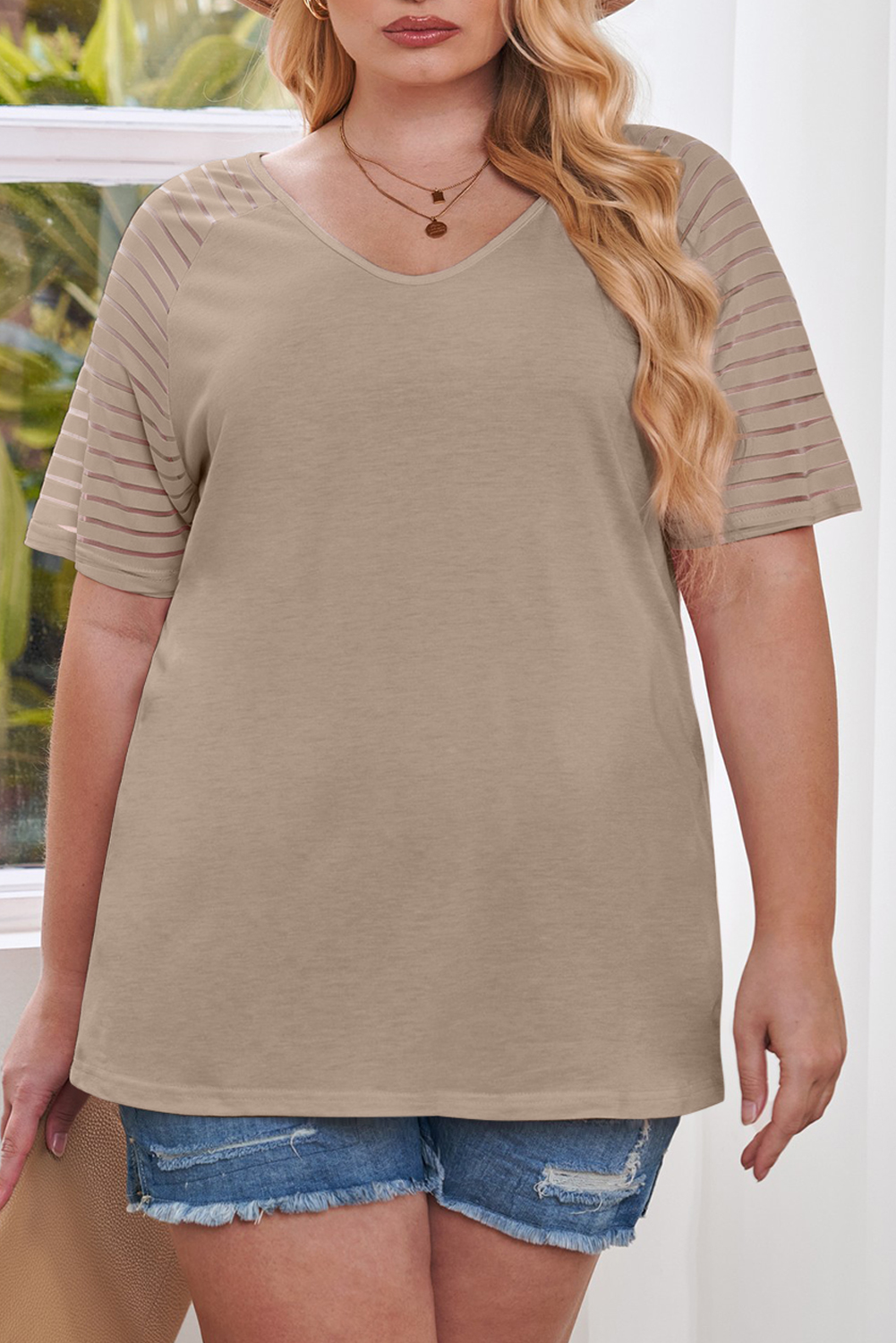 Khaki Striped Raglan Sleeve Plus Size Tee - Image 4