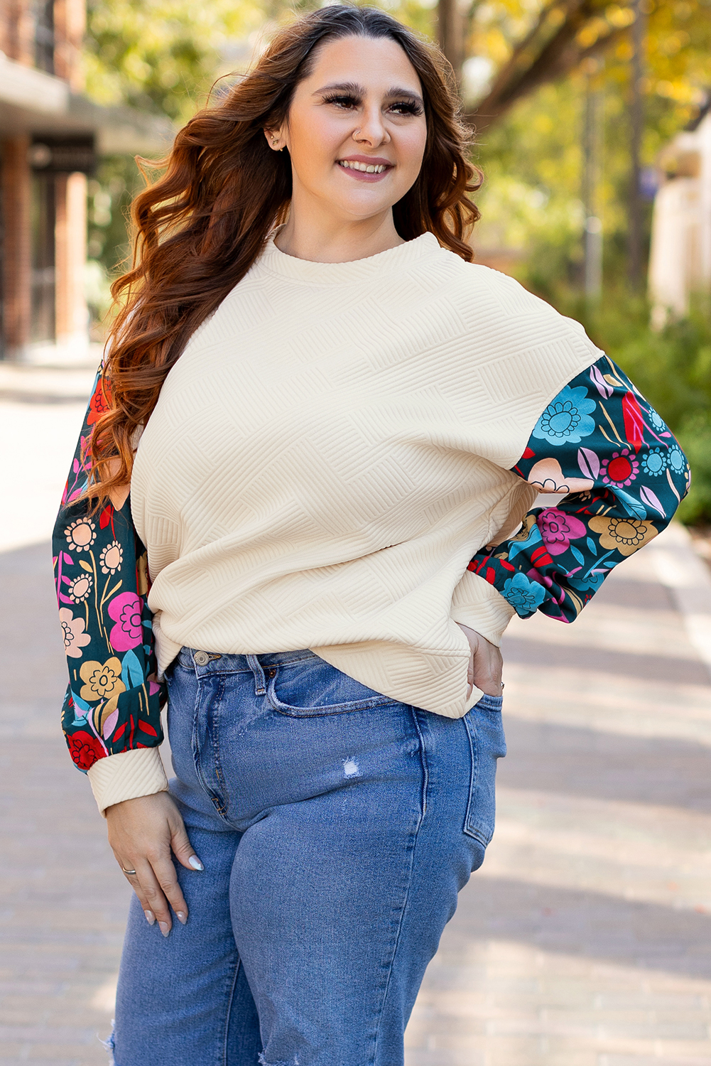 White Floral Patchwork Sleeve Textured Plus Size Pullover Top - Image 7