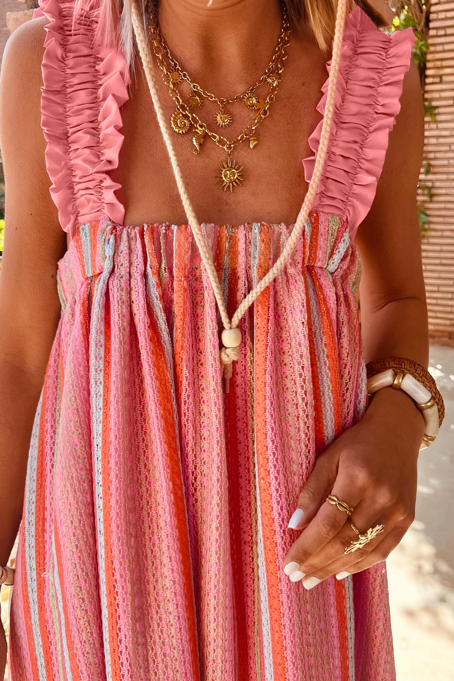 Pink Stripe Ruffled Straps Ribbon Knot Flowy Vacation Maxi Dress - Image 3