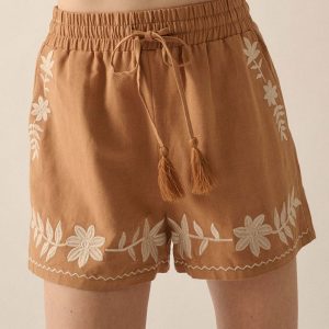 Khaki Embroidered Boho Tasseled Drawstring Elastic Waistband Casual shorts