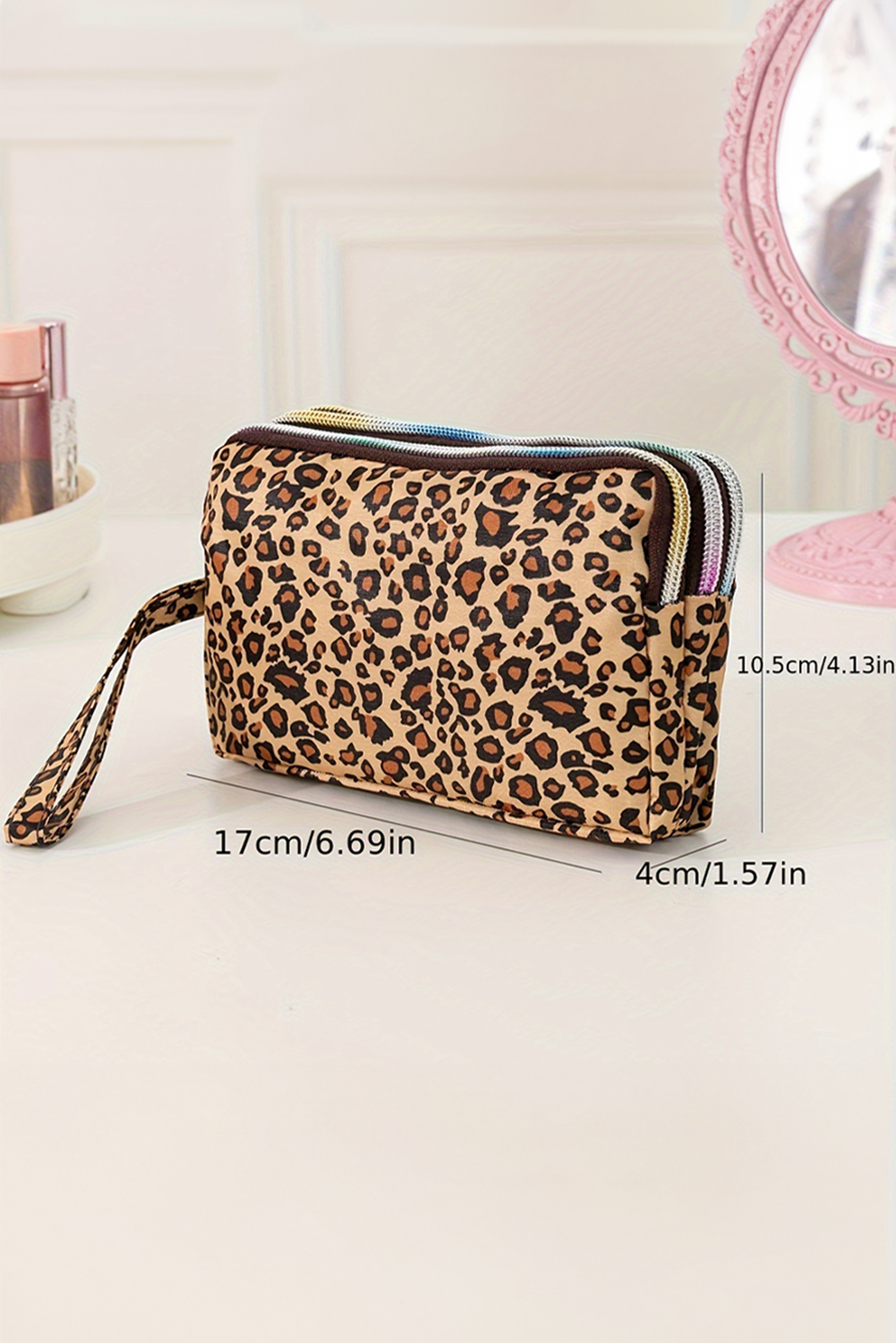 Brown Leopard Print PU Leather Wristlet Zipper Makeup Bag - Image 3