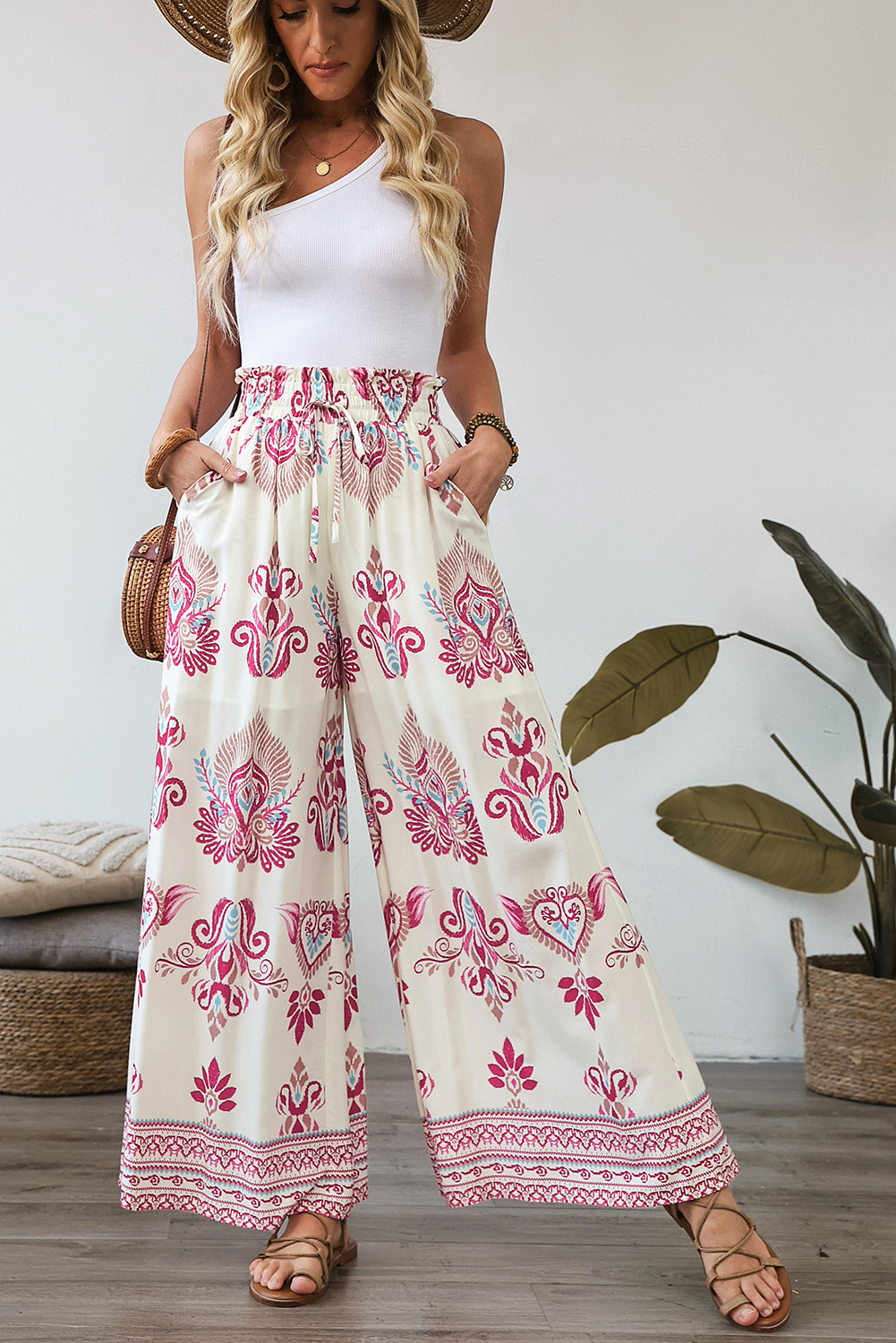 Rose Boho Printed Shirred High Waist Flowy Wide Leg Pants - Image 6