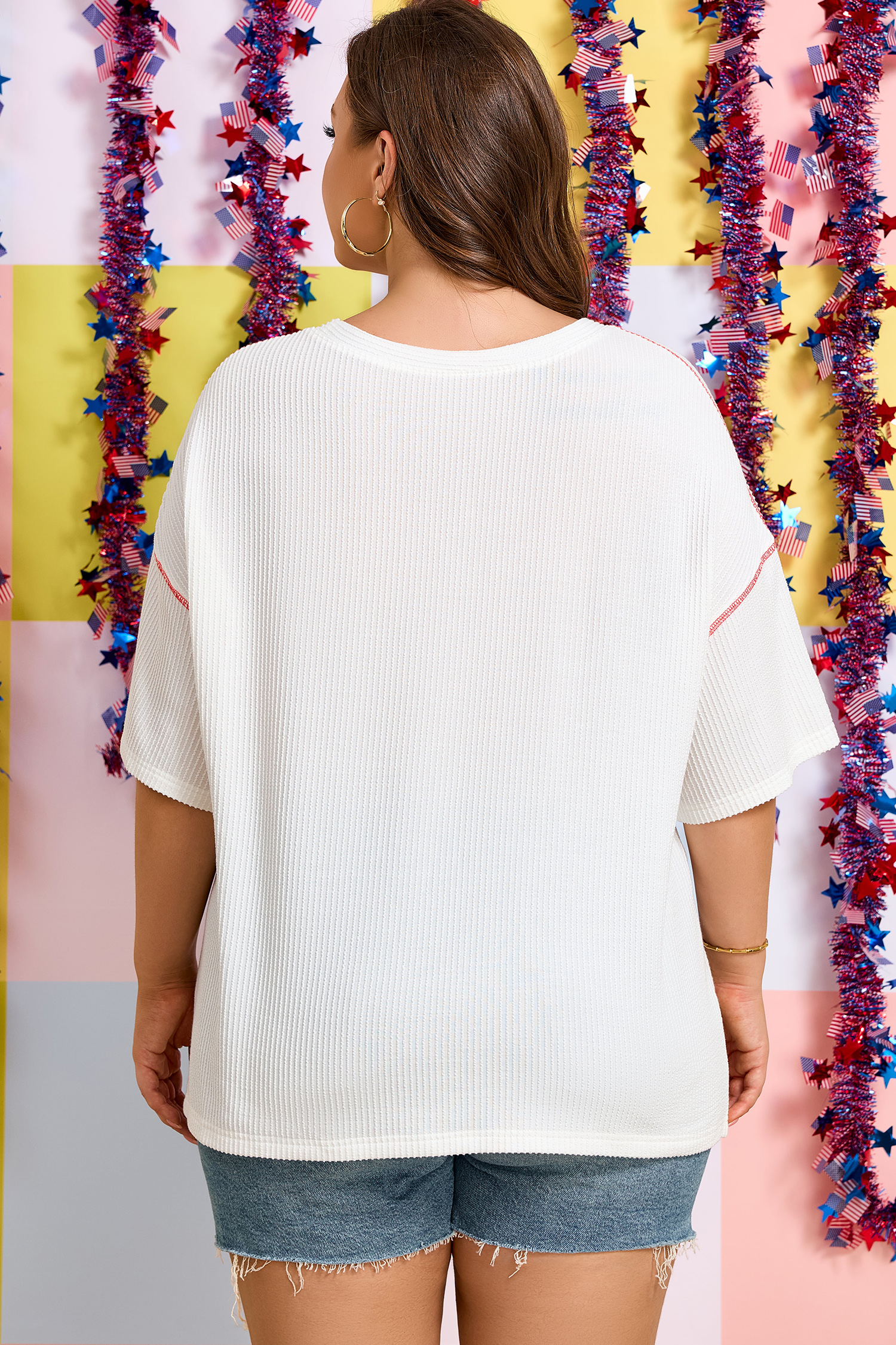 White Plus Size Twisted Rib Vintage USA Letter Printed T Shirt - Image 2