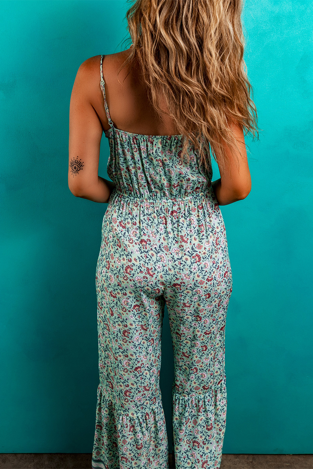 Green Bohemian Floral Ruffle Bottom Spaghetti Strap Jumpsuit - Image 2