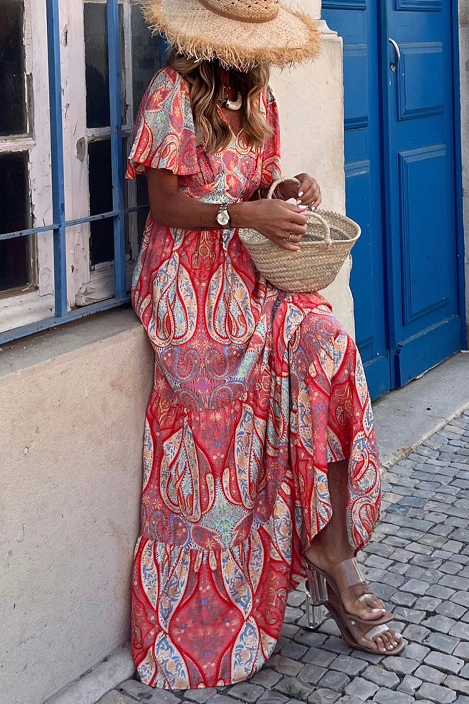 Multicolour Paisley Print V-Neck Short Sleeve Boho Maxi Dress with Ruffle Details - Image 8
