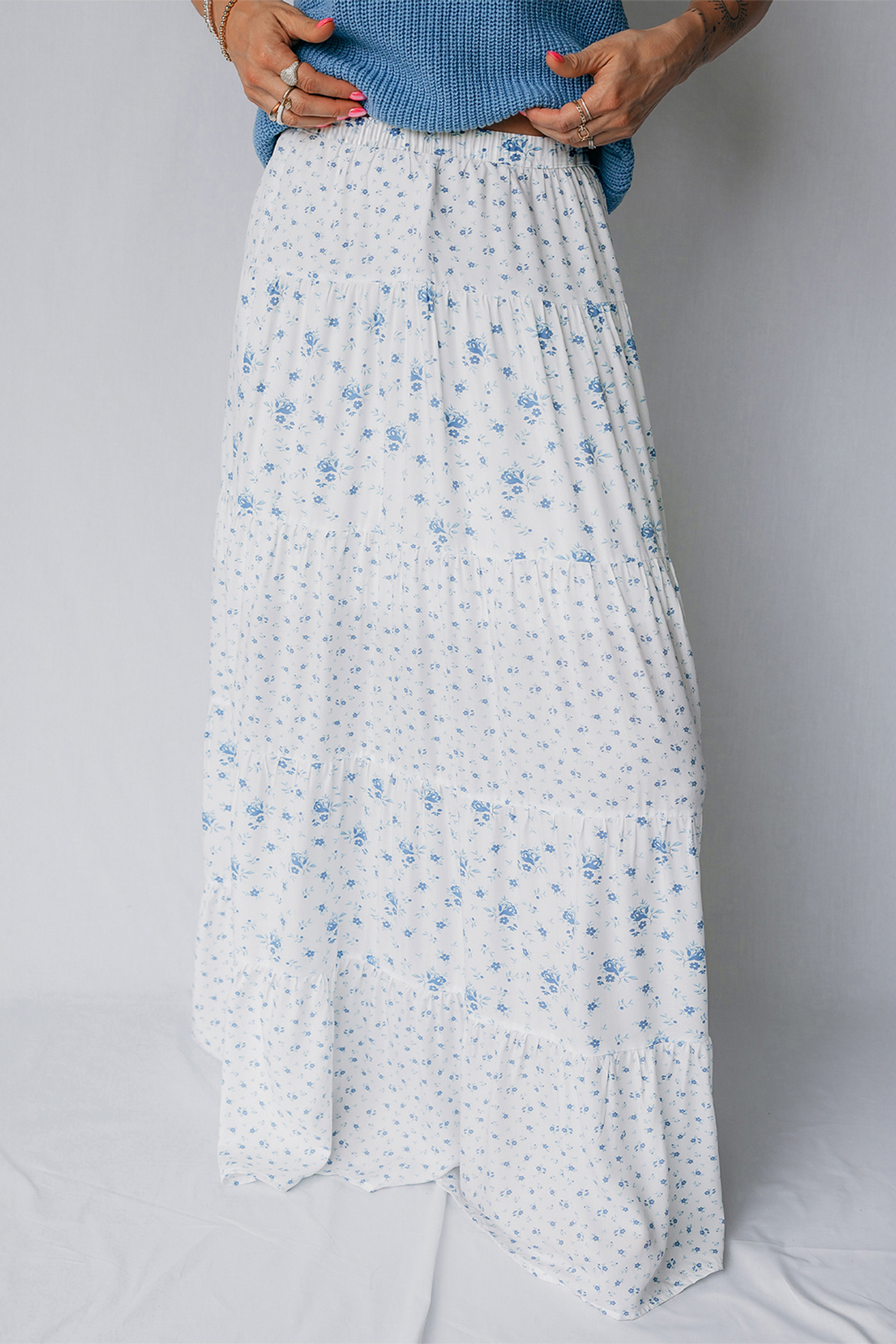 Sky Blue High Waist Tiny Floral Print Boho Maxi Skirt - Image 2