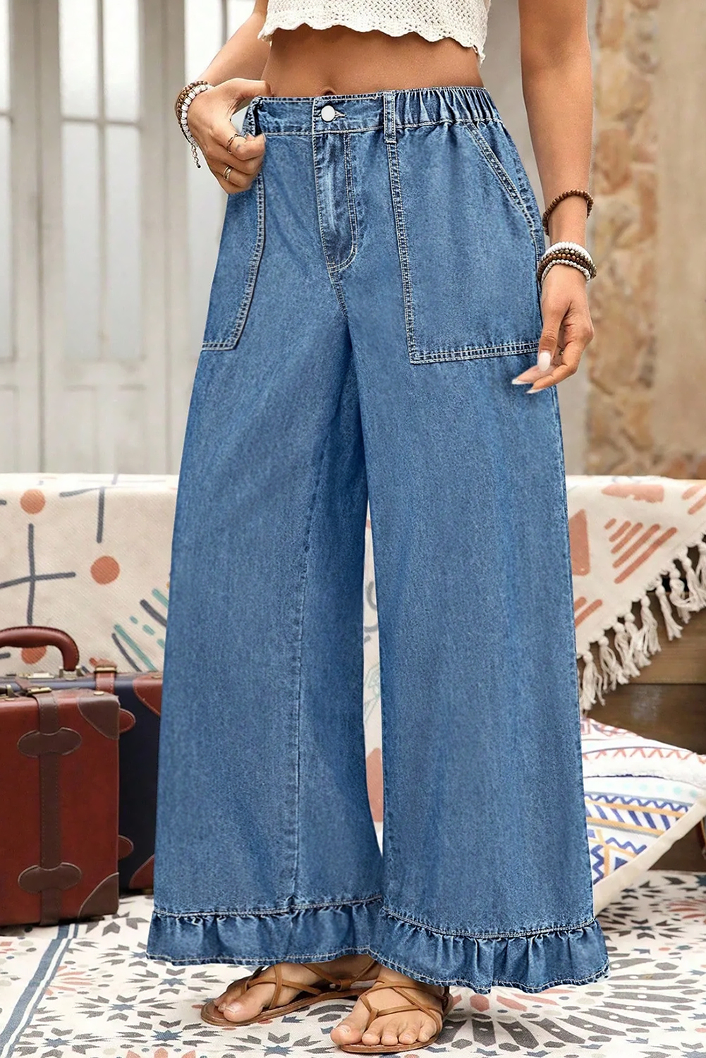 Black Plus Size Elastic Waist Ruffled Wide Leg Denim Pants - Image 4