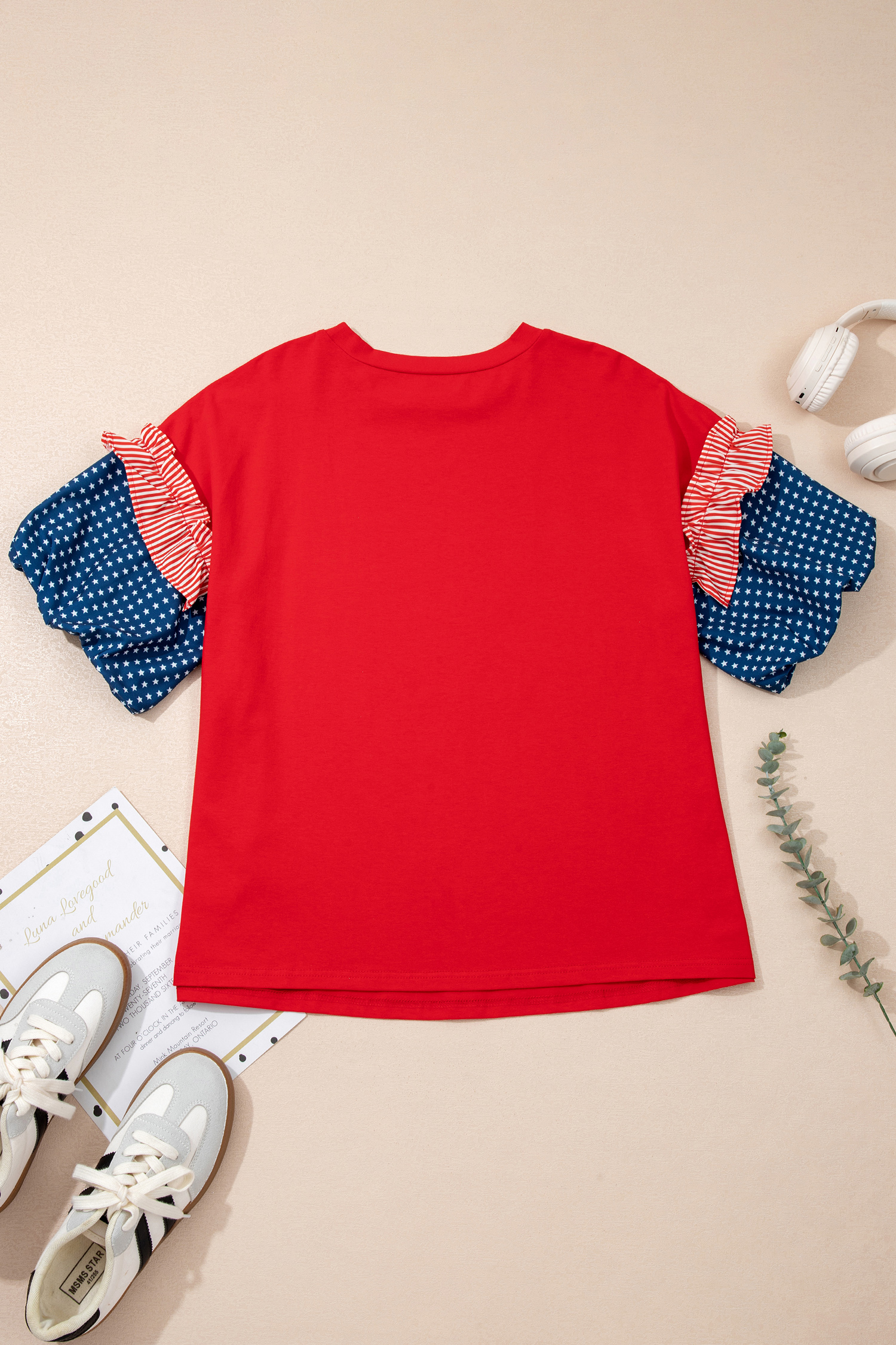Fiery Red Plus Size Striped Ruffles Star Short Bubble Sleeve Patchwork Top - Image 5