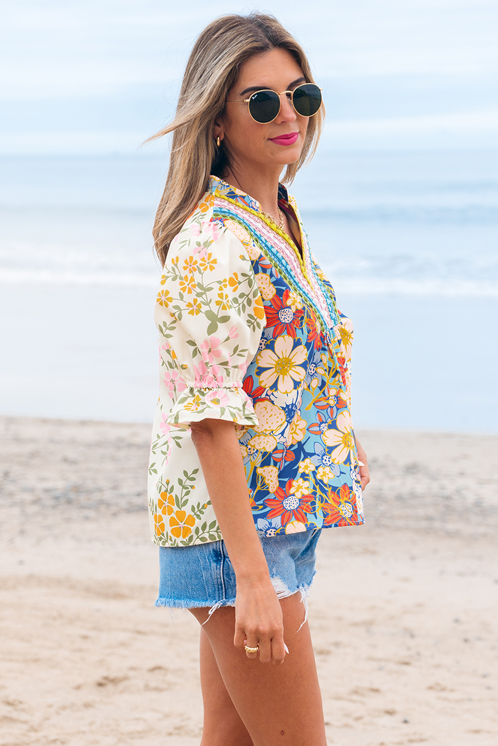 Multicolour Crochet V Neck Half Sleeve Boho Floral Blouse - Image 4