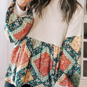 Jet Stream Paisley Geometric Patchwork Crew Neck Loose Fit Top