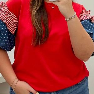Fiery Red Plus Size Striped Ruffles Star Short Bubble Sleeve Patchwork Top