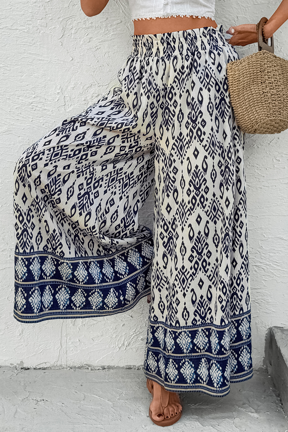 Blue Boho Pattern Print High Waist Wide Leg Loose Pants - Image 6