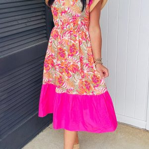 Rose Floral Print Color Block Ruffled Short Sleeve Flared Midi Dress