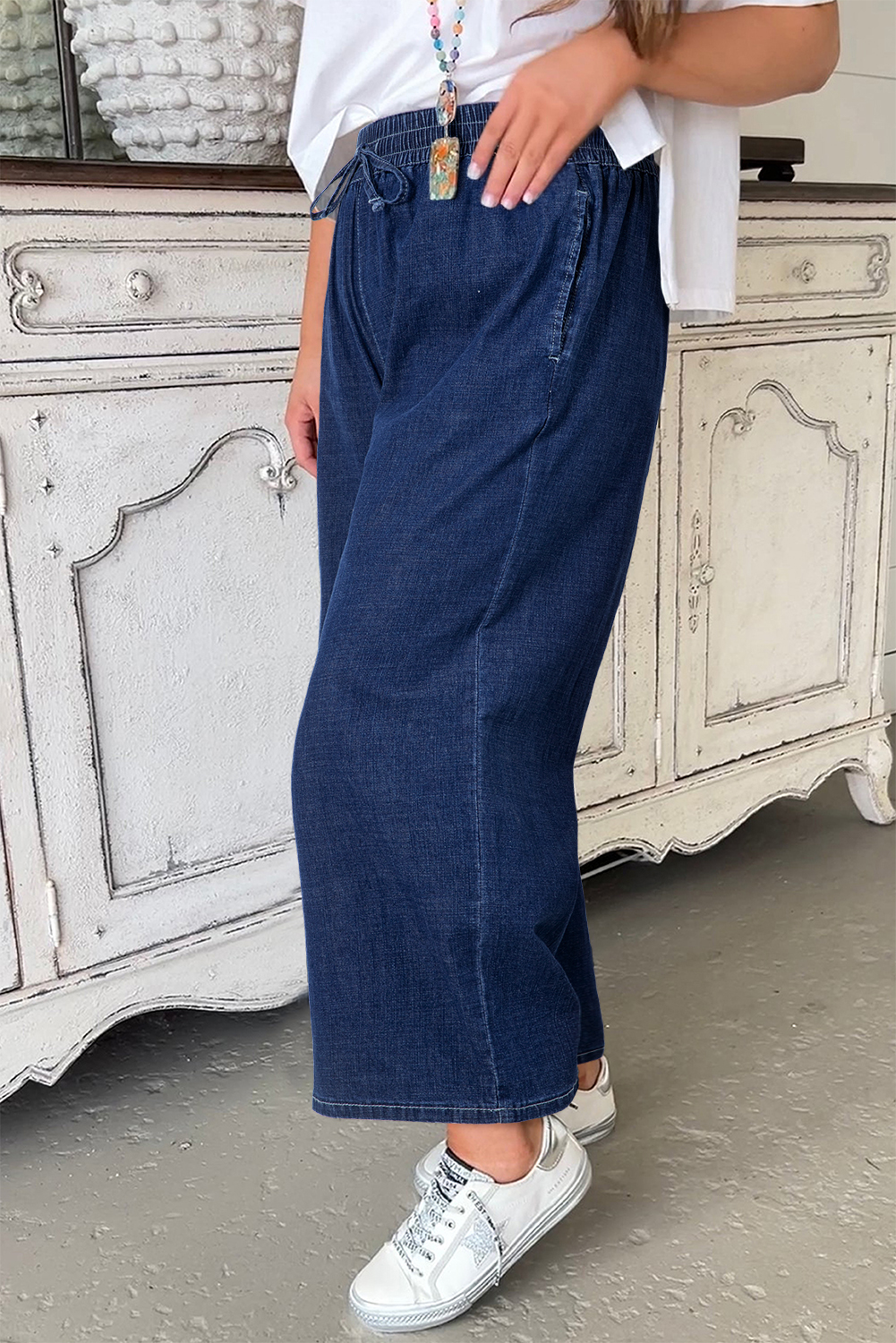Real Teal Plus Size Drawstring High Waist Wide Leg Casual Jeans - Image 8