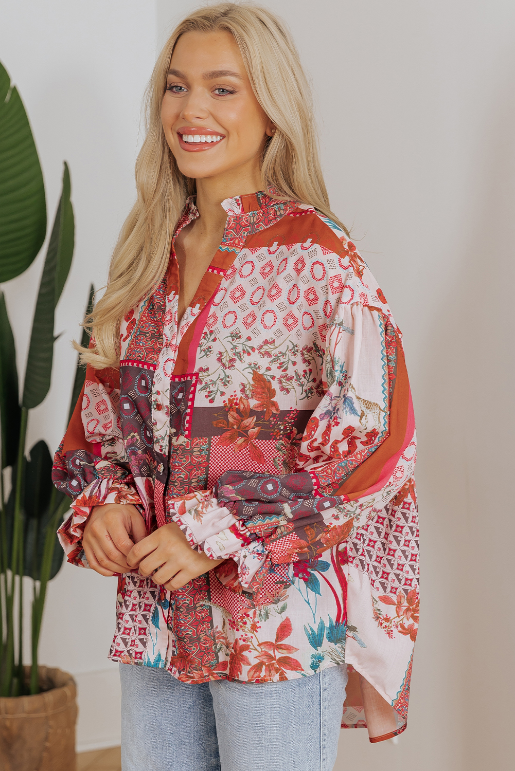Red Boho Geometric Mixed Print Patchwork Bubble Sleeve Shirt - Image 7