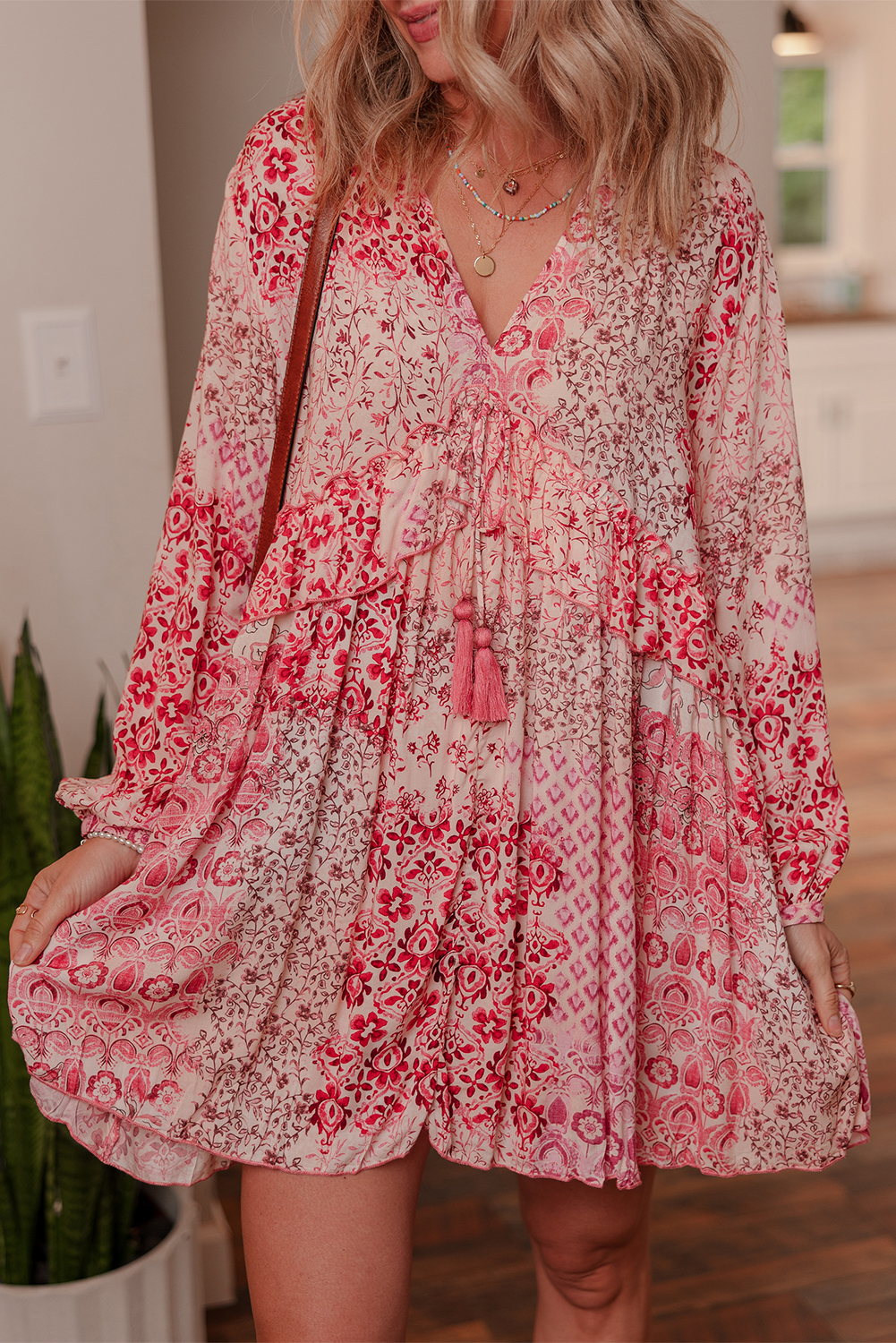 Pink Bohemian Floral Print Tassel Tie Long Sleeve Flowy Mini Dress - Image 3