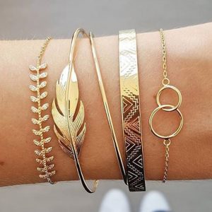 Gold Leaves Retro Pattern Adjustable Plated 5Pcs Bracelet Set