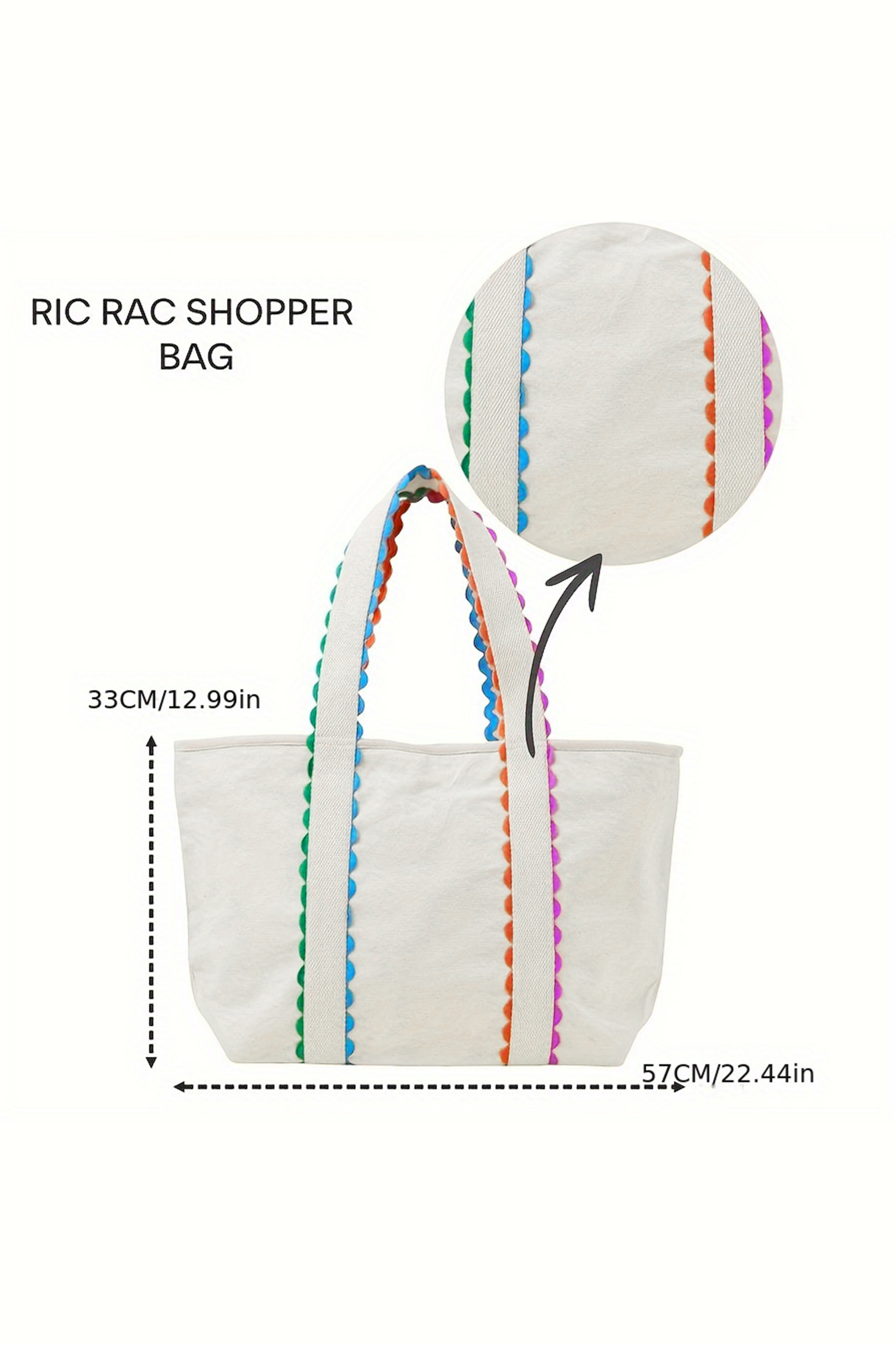 White Colorful Ricrac Detail Canvas Tote Bag - Image 5
