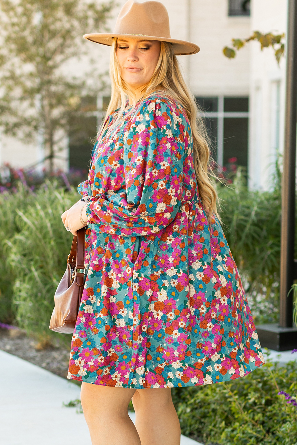Sky Blue Plus Size Floral Print Shirred Ruffle Tiered Mini Dress - Image 6