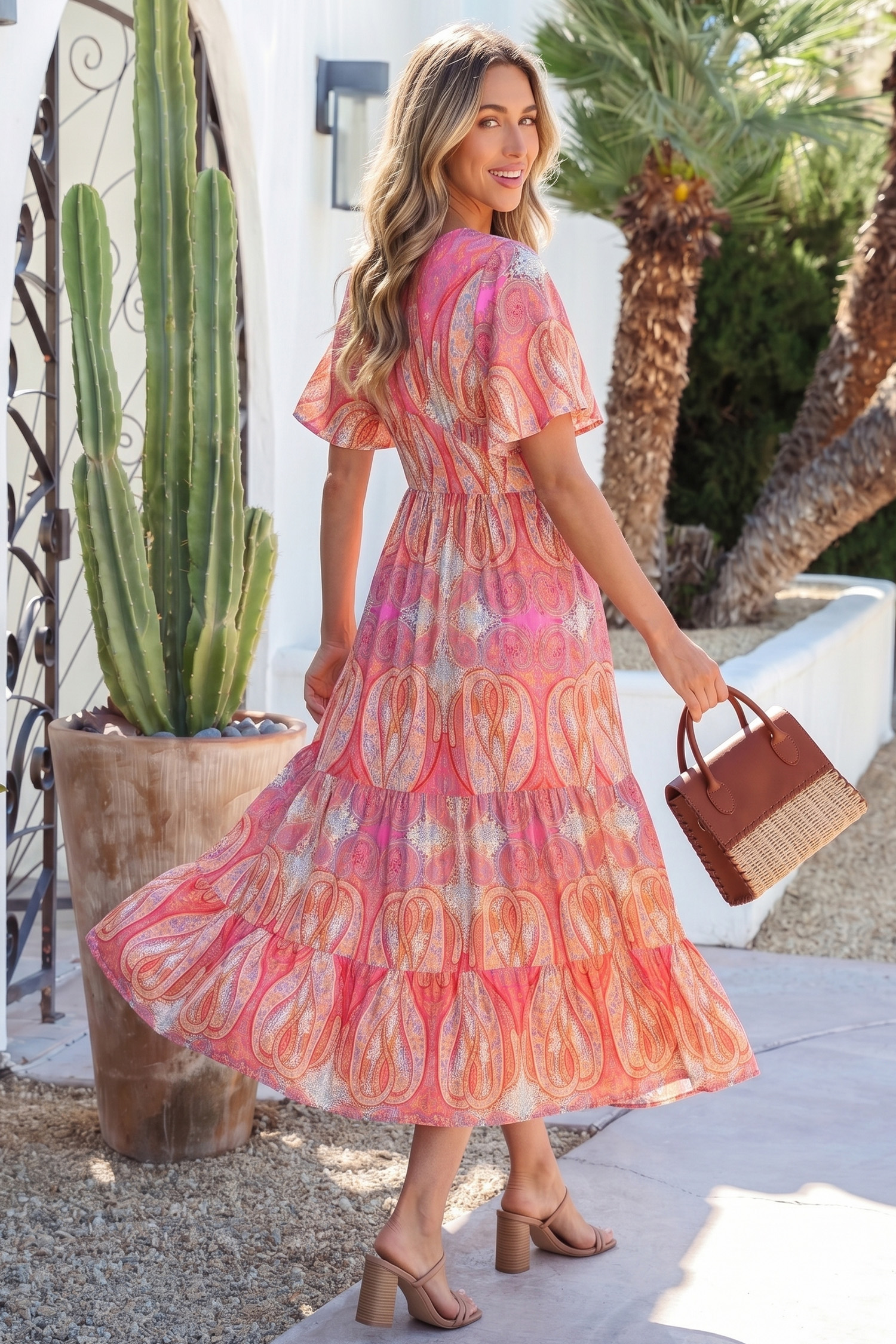 Multicolour Paisley Print V-Neck Short Sleeve Boho Maxi Dress with Ruffle Details - Image 2